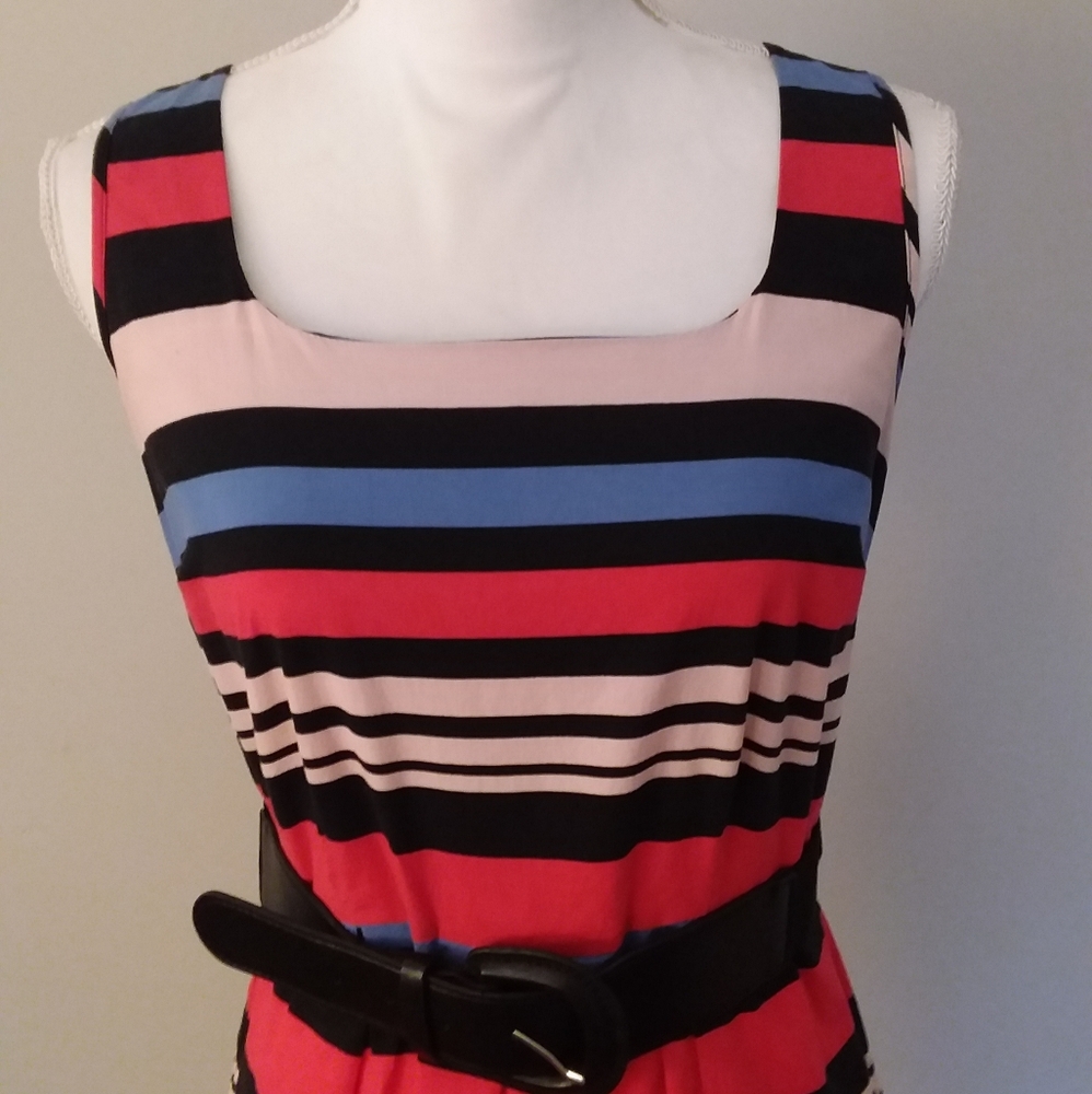 Venus Multi Color Stripe Dress w/Wide Black Belt - Picture 2 of 9